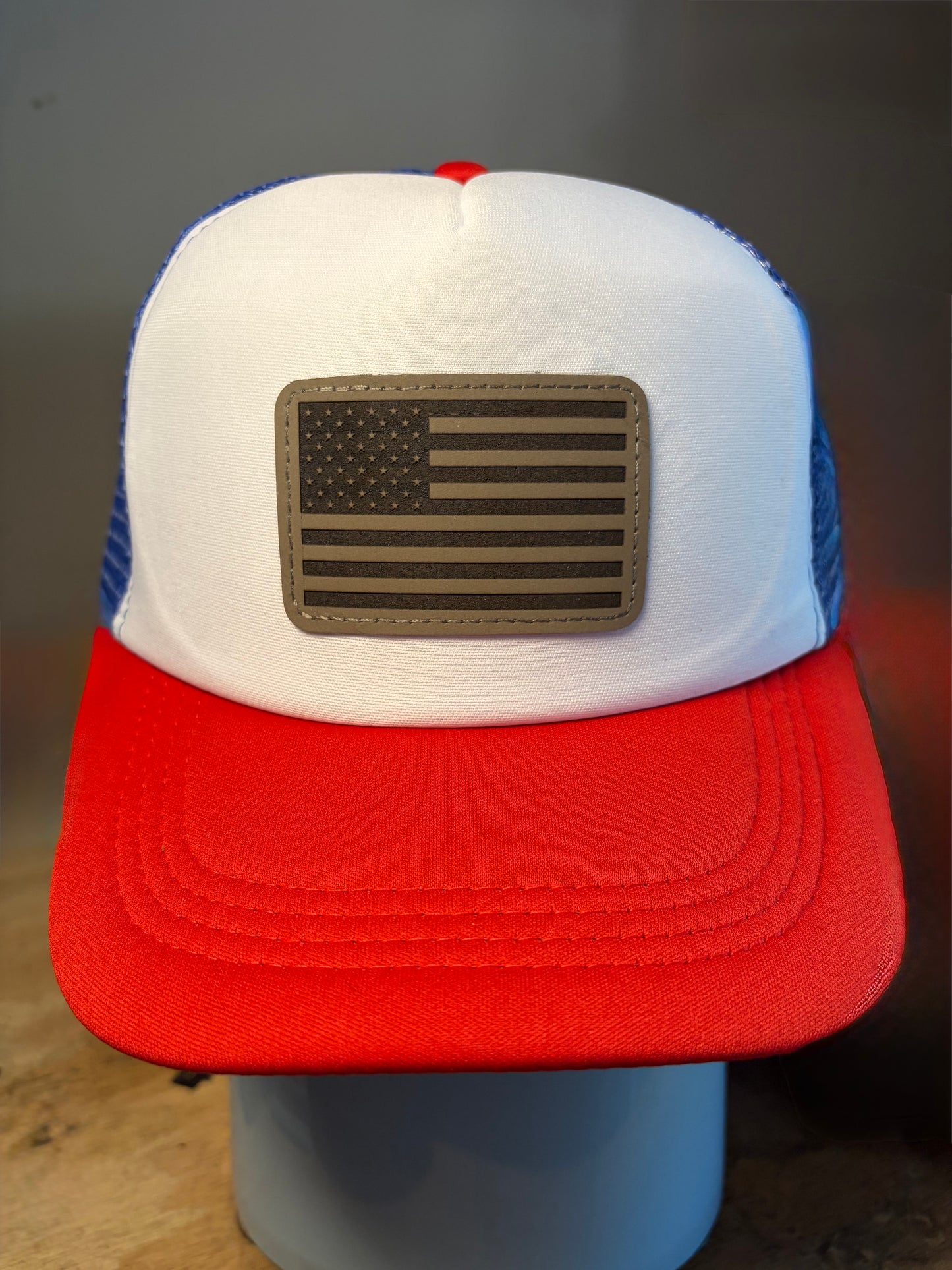 Custom Engraved Leather Patch Trucker Hat | Red White & Blue Patriotic Snapback | Business Logo