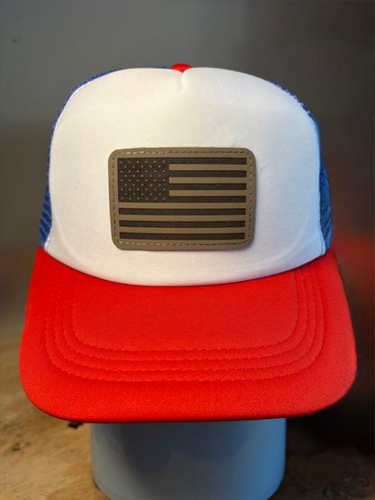 Custom Engraved Leather Patch Trucker Hat | Red White & Blue Patriotic Snapback | Business Logo