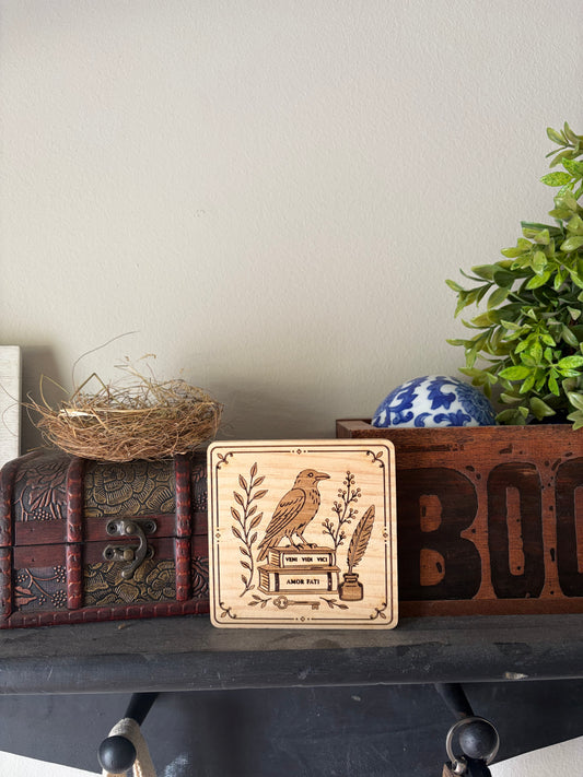 Dark Academia Raven Coaster | Set of 4 Laser Engraved Wooden Coasters & Gothic Library Wall Art | Book Lover Gift