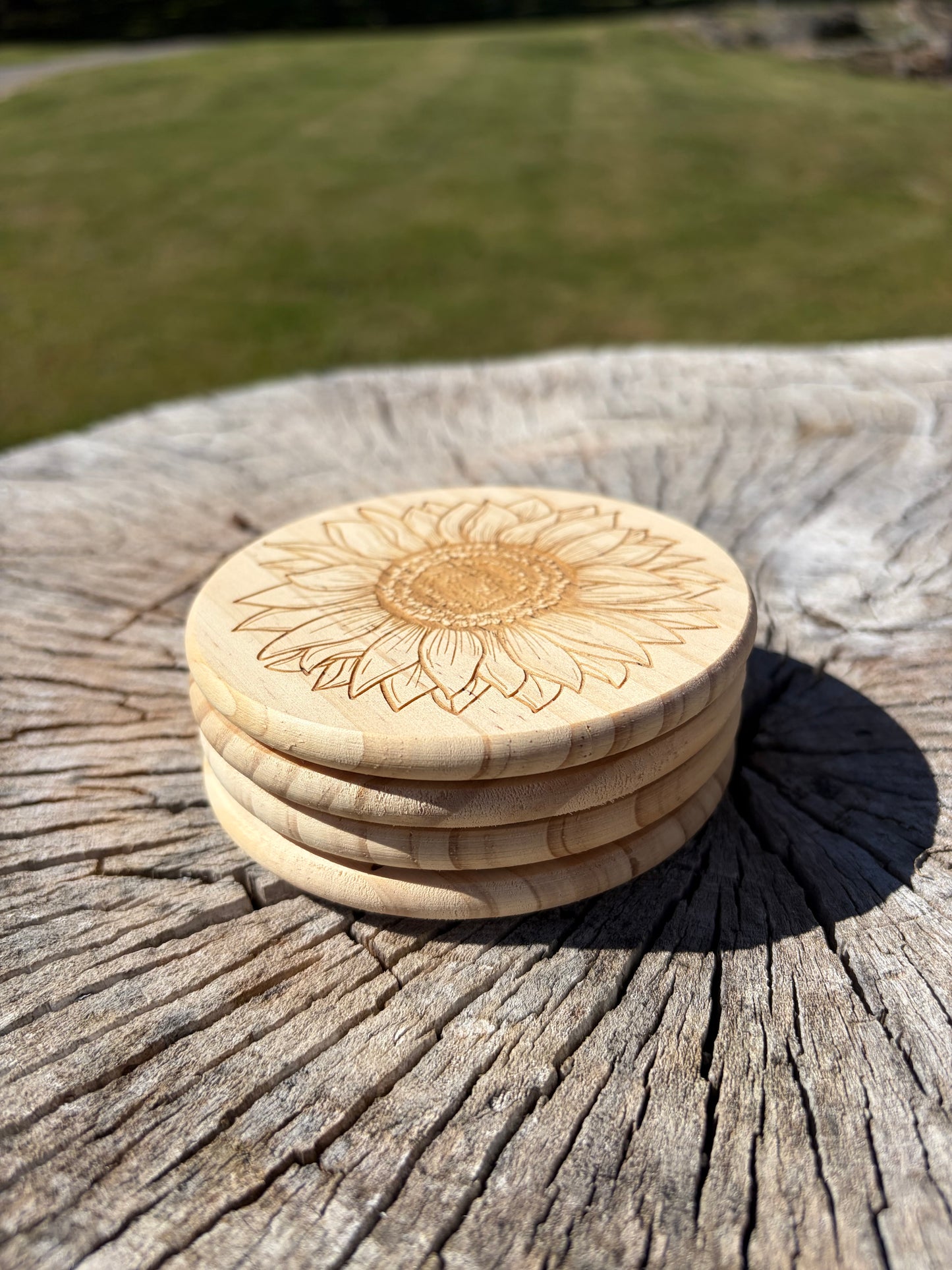 Rustic Sunflower Wooden Coaster Set | Laser Engraved | Set of 4