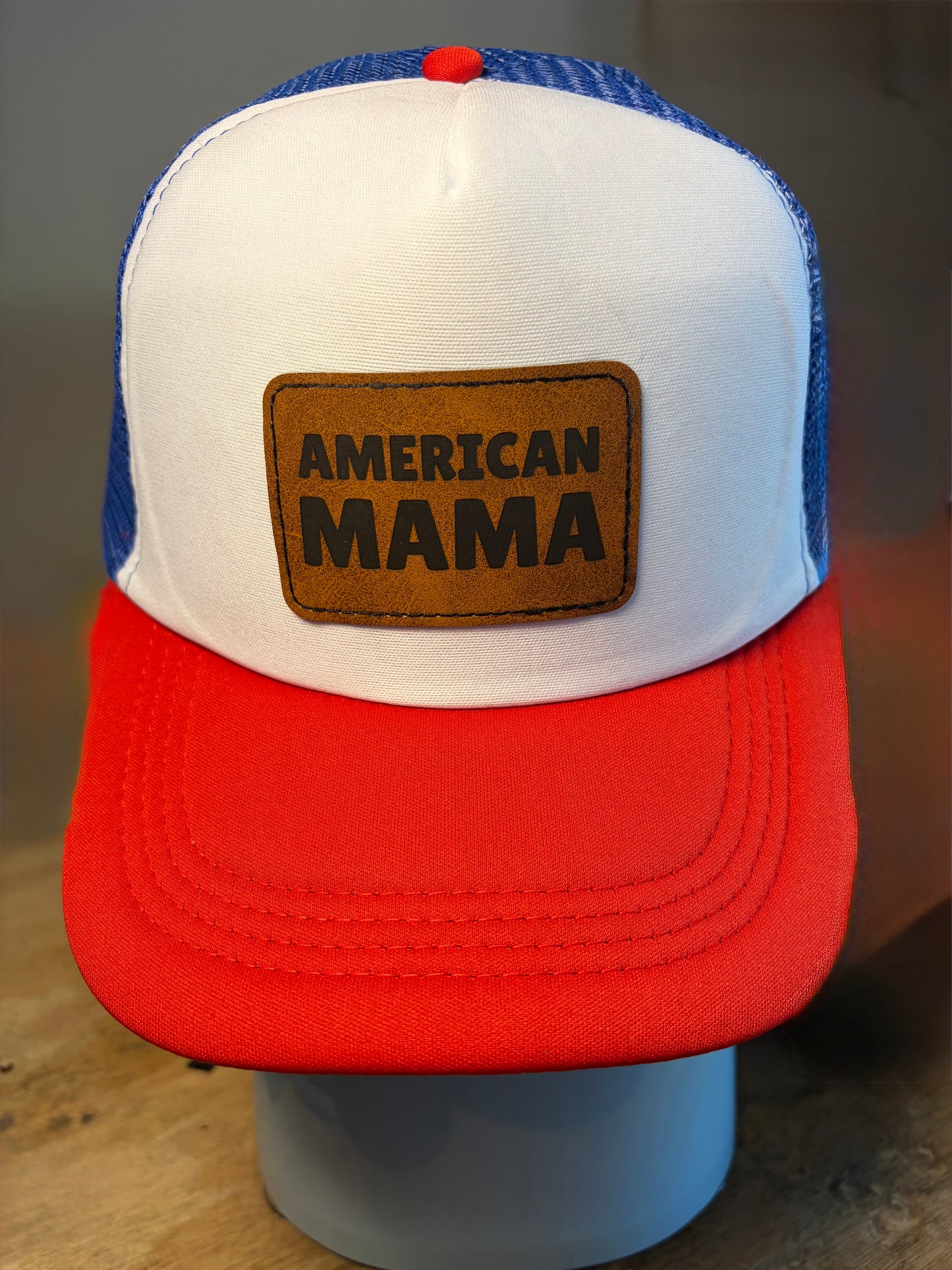 Custom Engraved Leather Patch Trucker Hat | Red White & Blue Patriotic Snapback | Business Logo